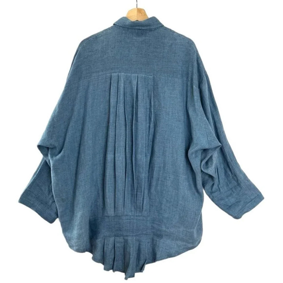 Vintage 80s Louis Simon for La Libellule Blue Linen Button Front Tunic Top - Picture 5 of 8
